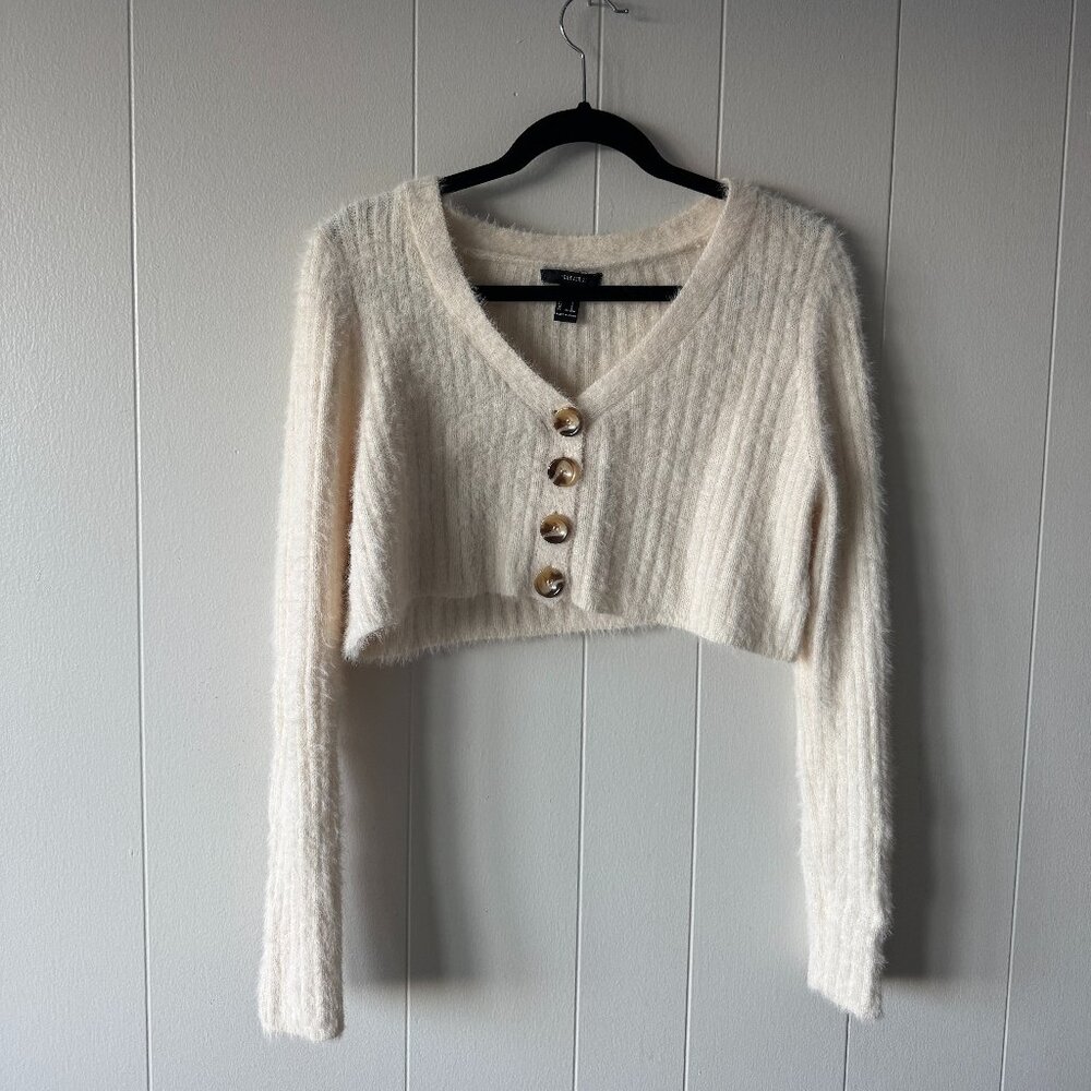 Forever 21 Fuzzy Cropped Cardigan Sweater Womens Small Cream Button Top